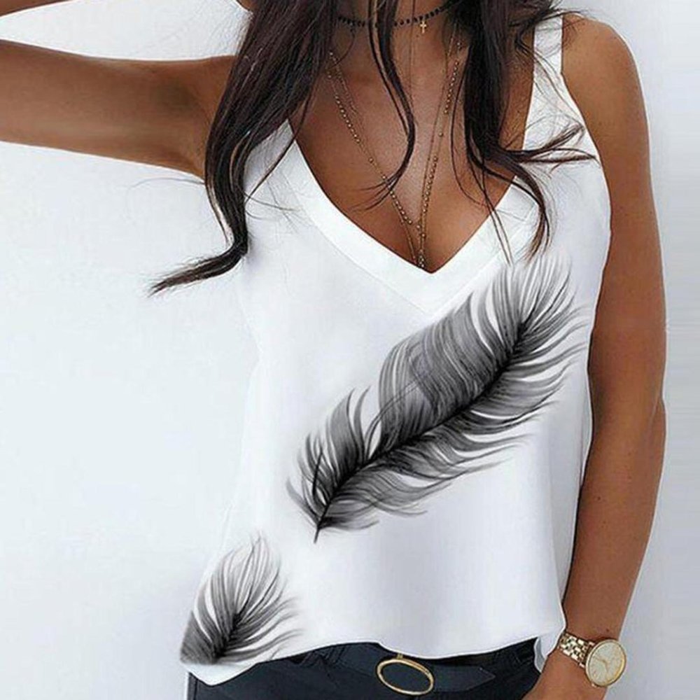 Deep V Neck Feather White Tank Top NWT, S